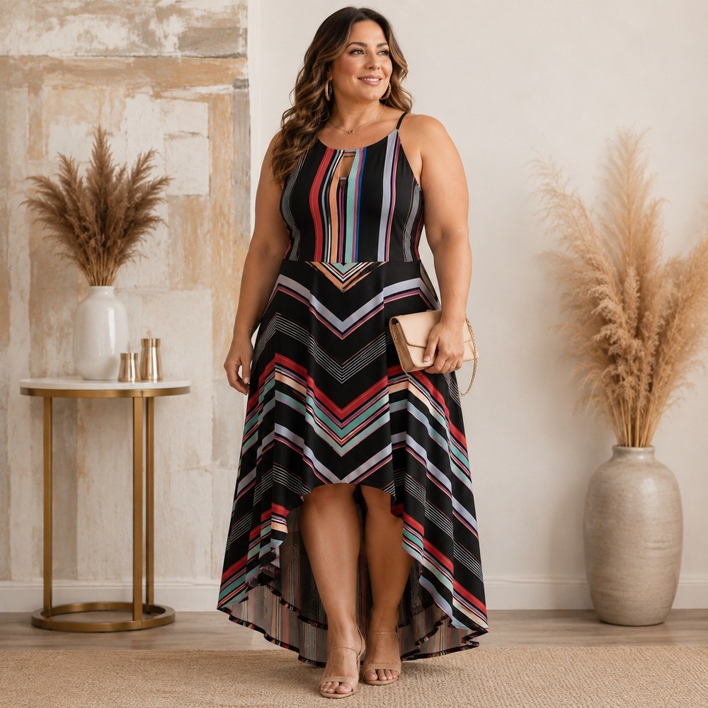 Candie's Black Multicolor Striped Halter Hi Low Dress Size XL Boho Summer